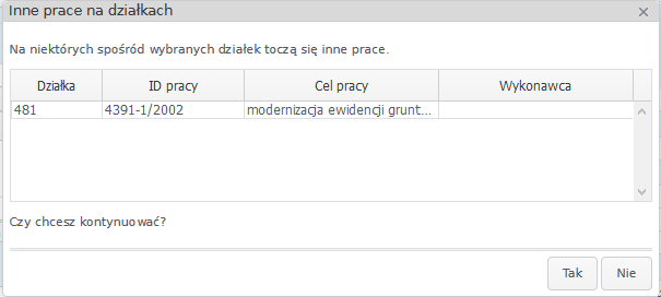 Widok okna z wylistowanymi innymi pracami trwającymi w zakresie pracy