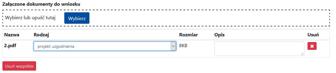 Widok okna dodawania dokumnentów do wniosku