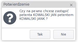 Widok okna potwierdzenia przepięcia petenta