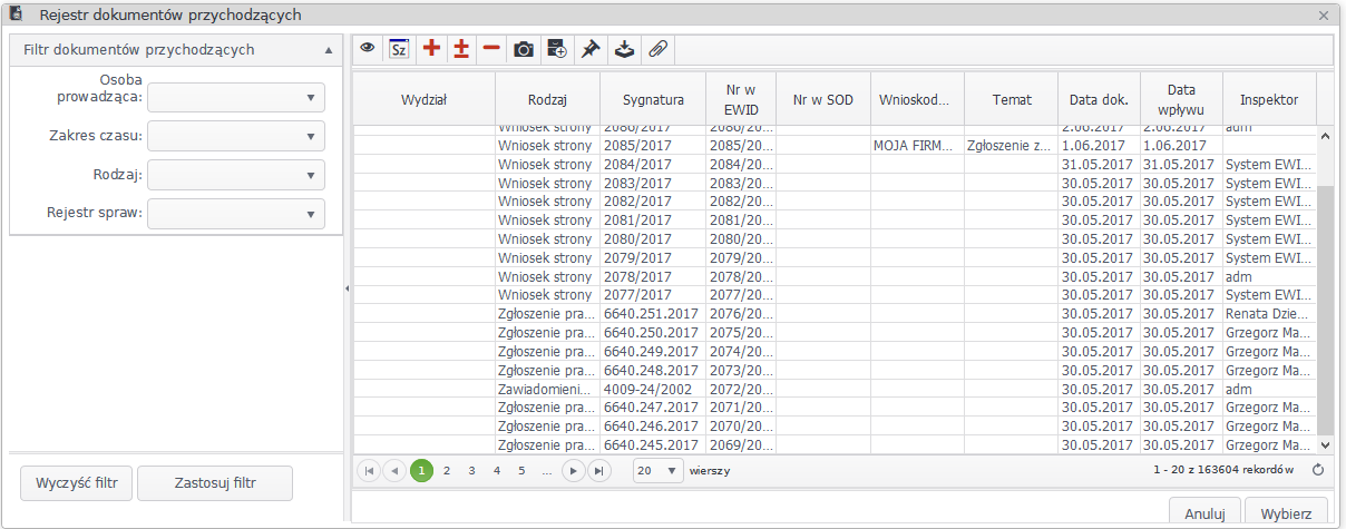 Widok okna rejestru dokumentów przychodzących