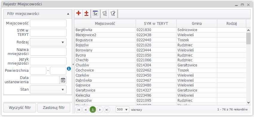 Widok okna rejestru miejscowości